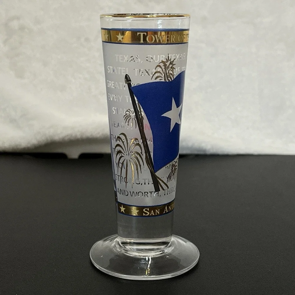 San Antonio Texas Footed Tall Stem Shot Glass Souvenir State Flag Gold Accents